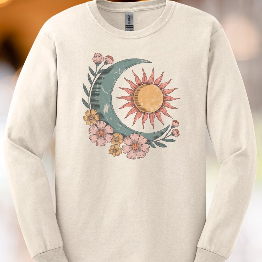 Retro Sun Moon Floral Shirt Celestial Graphic Long Sleeve Boho Tee